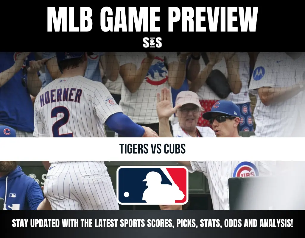 MLB game preview featuring Tigers vs Cubs with players and fans celebrating in the background, promoting scores, picks, and analysis.
