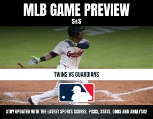 Baseball player in Guardians uniform swinging bat during MLB game preview for Twins vs Guardians matchup.
