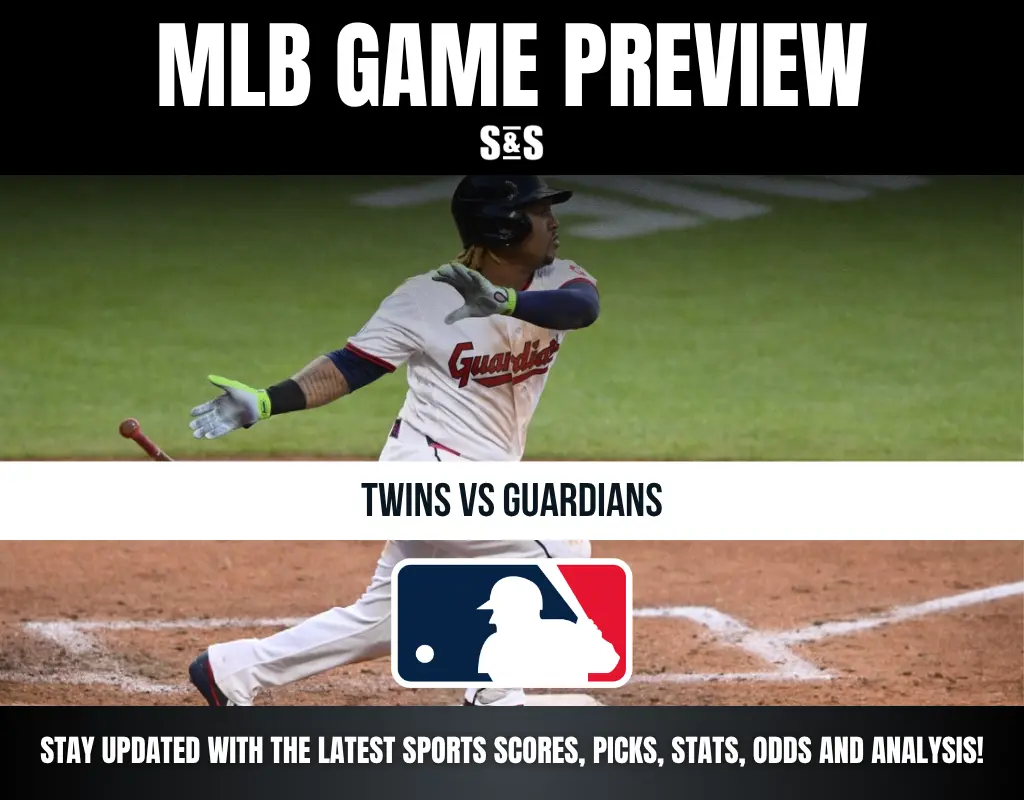 Baseball player in Guardians uniform swinging bat during MLB game preview for Twins vs Guardians matchup.
