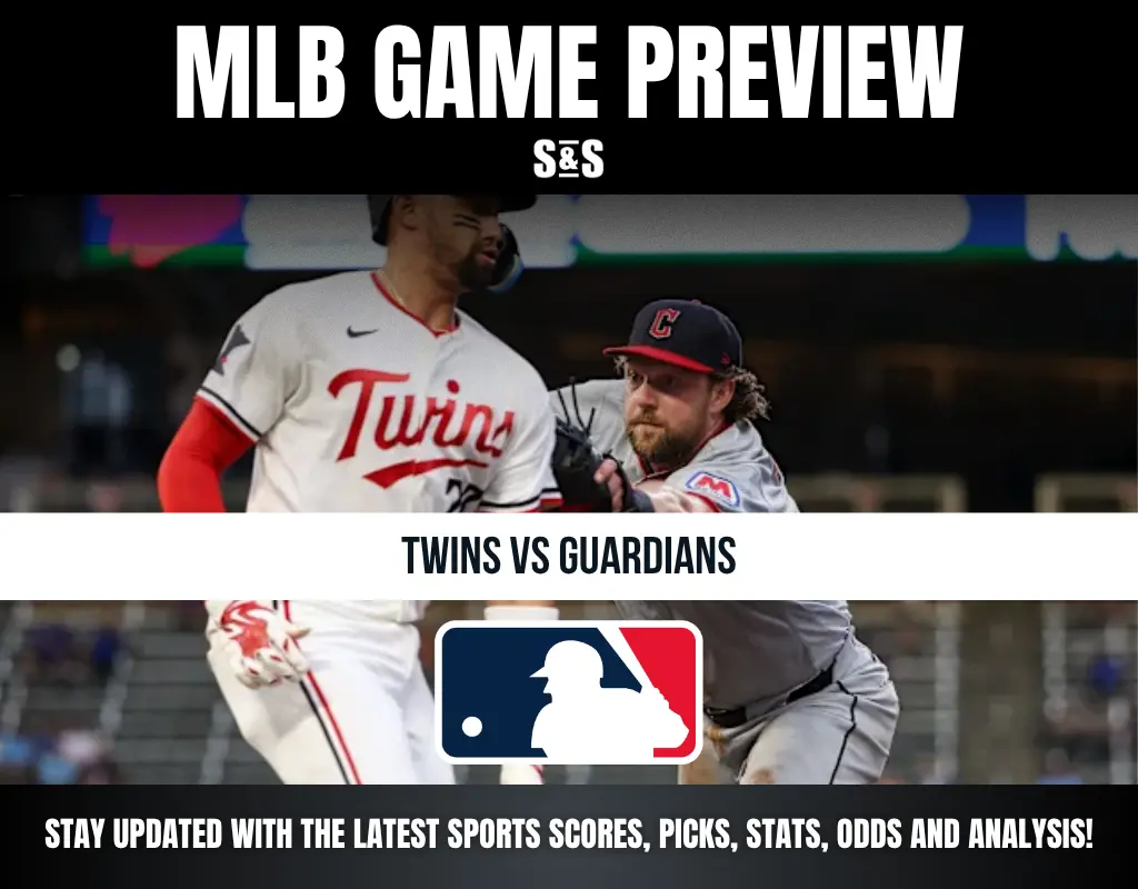Alt text: MLB game preview for Twins vs Guardians featuring players in action and the MLB logo.