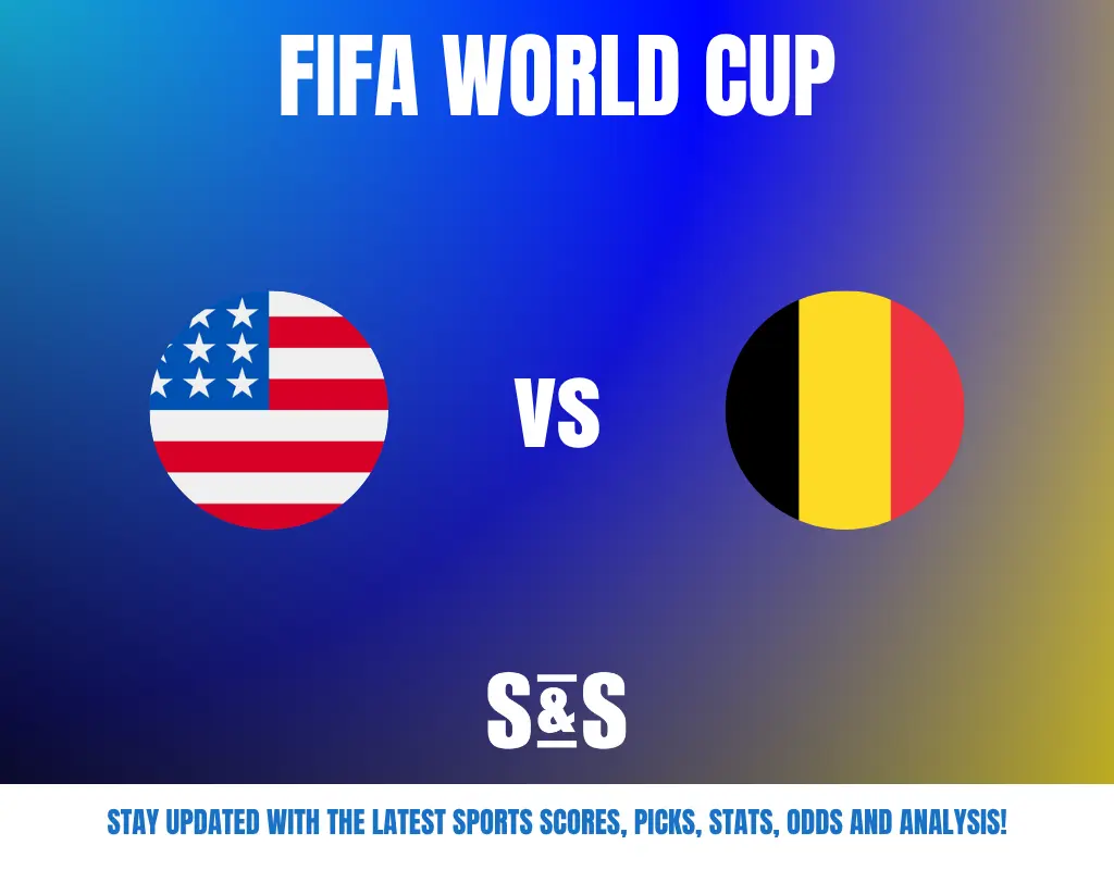FIFA World Cup match announcement featuring USA vs Belgium with a blue and yellow gradient background.