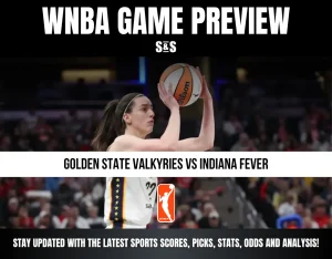 WNBA game preview featuring a player from the Golden State Valkyries preparing to shoot, with the matchup against the Indiana Fever highlighted.