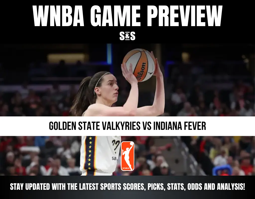WNBA game preview featuring a player from the Golden State Valkyries preparing to shoot, with the matchup against the Indiana Fever highlighted.