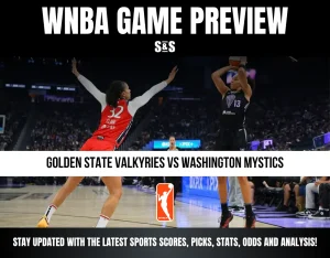 WNBA game preview featuring Golden State Valkyries vs Washington Mystics with players in action on the court during a live game.