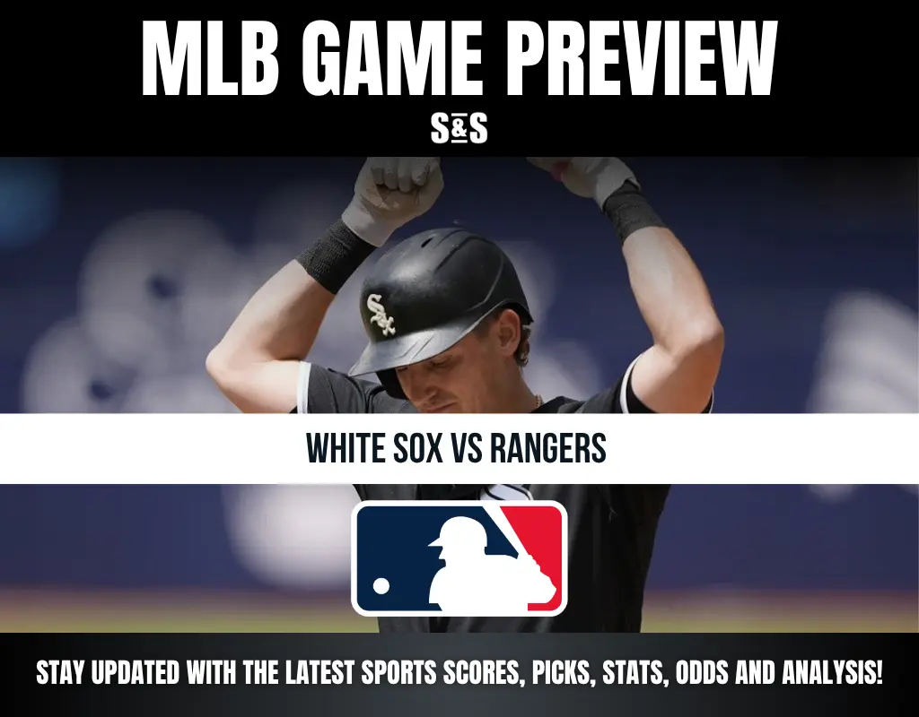 MLB game preview for White Sox vs Rangers with player in batting helmet and baseball logo. Stay updated on scores and analysis.