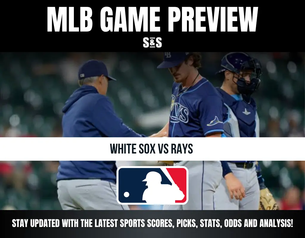 MLB game preview for White Sox vs Rays with players and coach on the field, featuring text and the MLB logo.