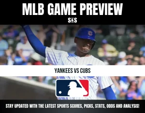 MLB game preview for Yankees vs Cubs featuring a Cubs player in pinstripe uniform and helmet mid-swing, with MLB logo and text details.