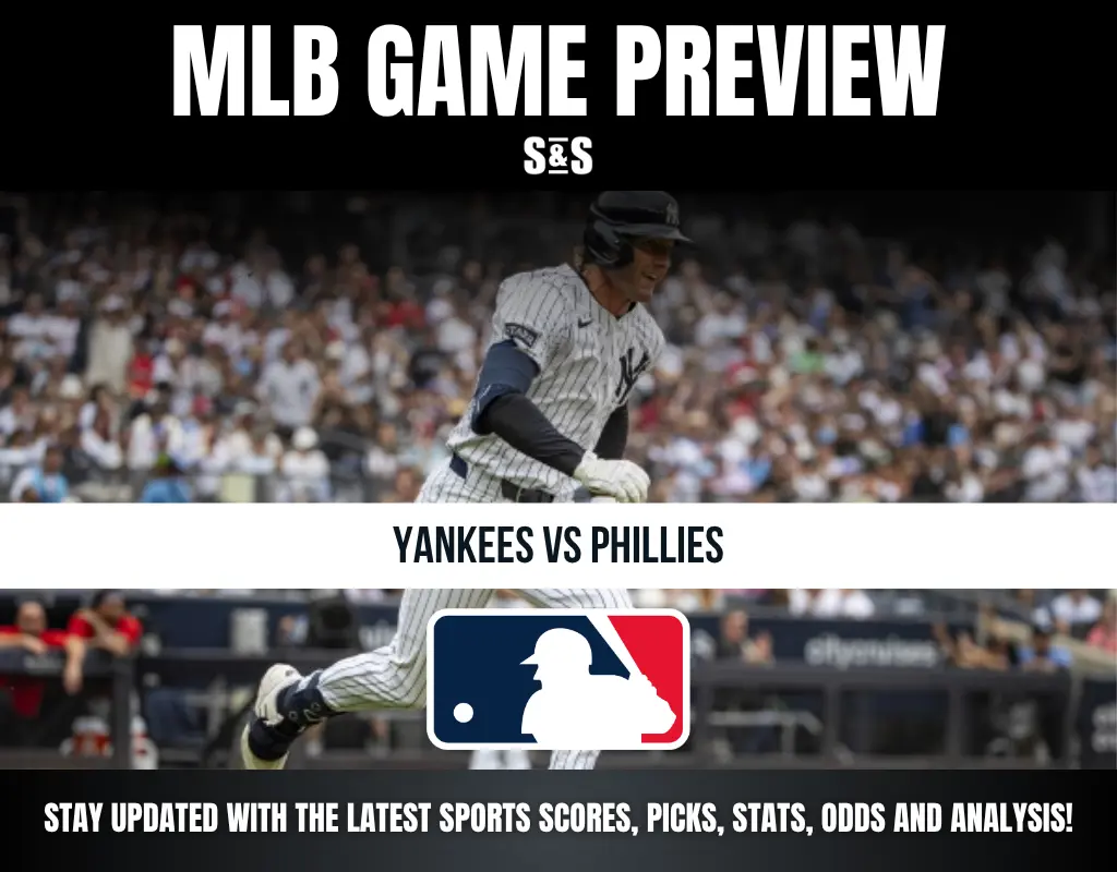 MLB game preview for Yankees vs Phillies, featuring a Yankees player running with crowd in background and MLB logo below.