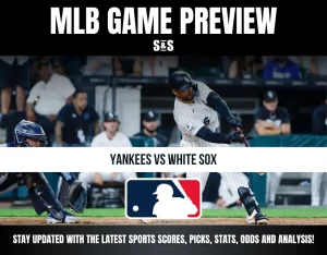 MLB game preview featuring Yankees vs White Sox with a batter swinging, catcher ready, and the MLB logo displayed.