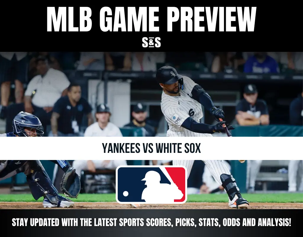 MLB game preview featuring Yankees vs White Sox with a batter swinging, catcher ready, and the MLB logo displayed.