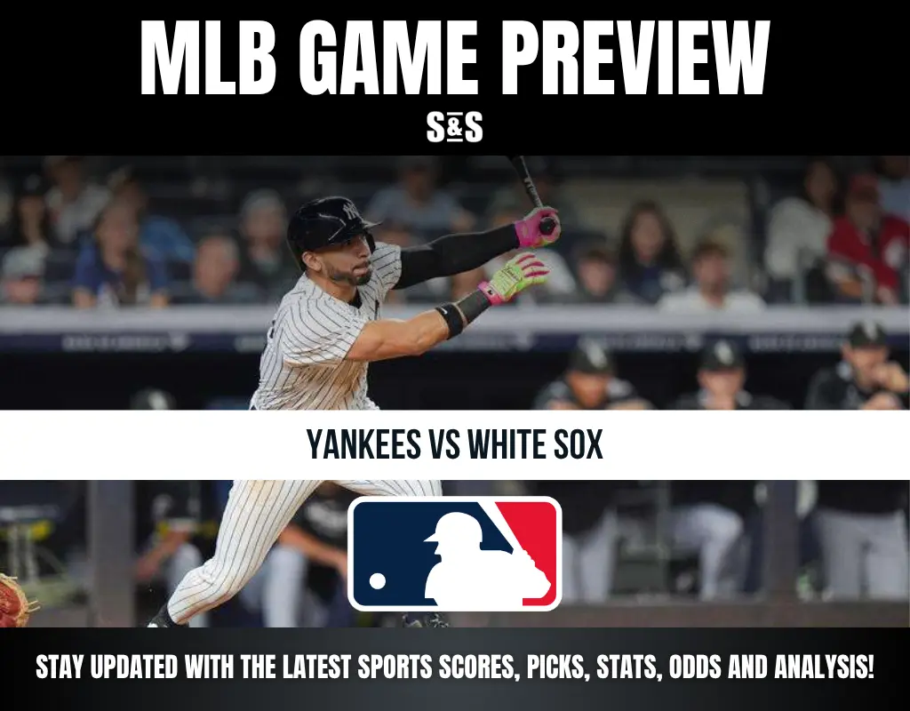 MLB game preview graphic featuring Yankees vs. White Sox, with a player from the Yankees swinging a bat.
