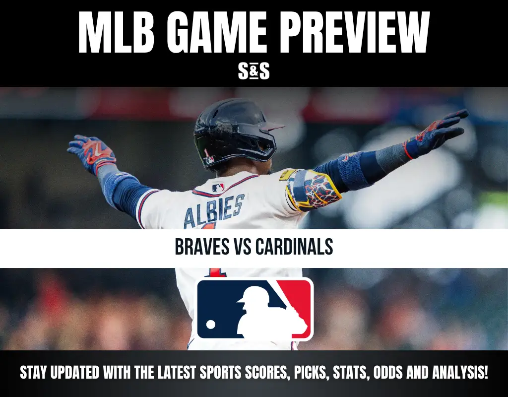 MLB Game Preview featuring Braves vs Cardinals, with an image of a player celebrating.