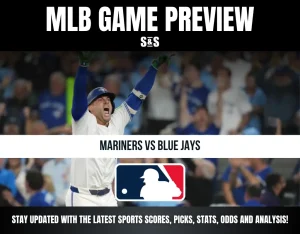 Alt text: Excited baseball player in Blue Jays uniform celebrates during Mariners vs Blue Jays MLB game preview graphic.