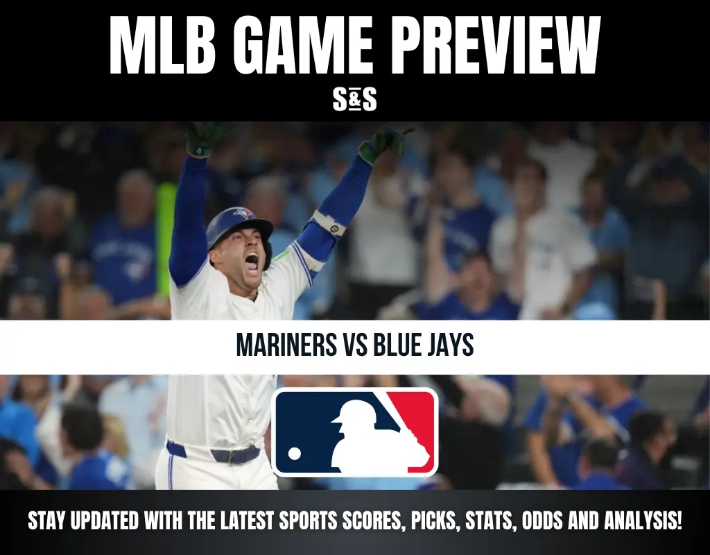 Alt text: Excited baseball player in Blue Jays uniform celebrates during Mariners vs Blue Jays MLB game preview graphic.
