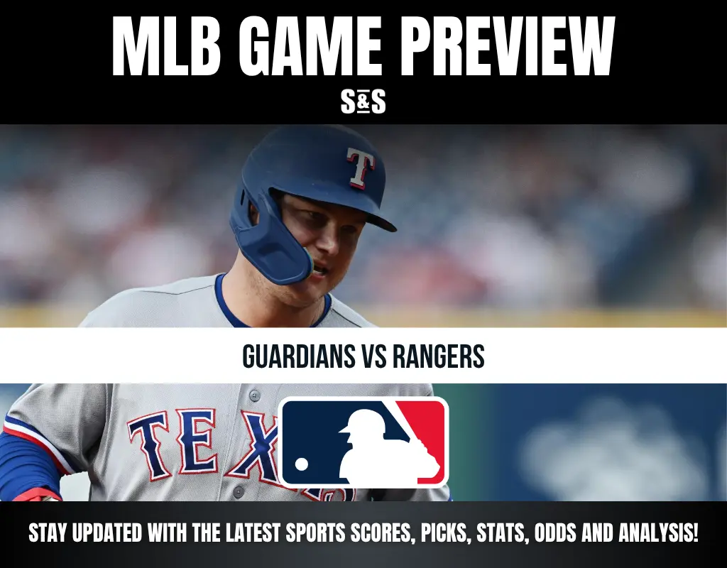 MLB game preview featuring Guardians vs Rangers, with a call to stay updated on sports scores, picks, stats, odds, and analysis.