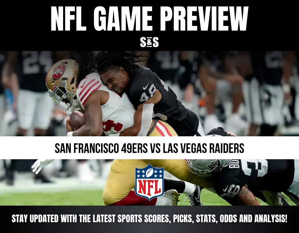 Two NFL players from the San Francisco 49ers and Las Vegas Raiders in action during a game tackle.