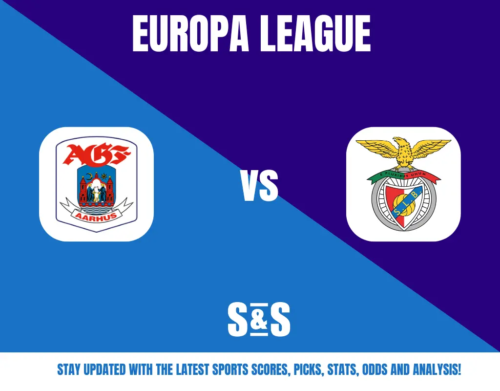 Europa League match graphic featuring Aarhus AGF logo versus Benfica logo on a blue and purple split background.