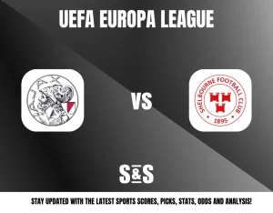 UEFA Europa League logo featuring a match between two teams: a graphic of a player versus a logo of Shelbourne Football Club. The bottom text promotes updates on sports scores, picks, stats, odds, and analysis.