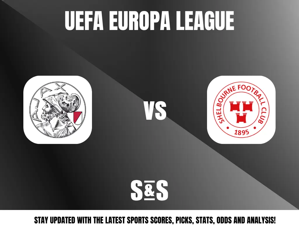 UEFA Europa League logo featuring a match between two teams: a graphic of a player versus a logo of Shelbourne Football Club. The bottom text promotes updates on sports scores, picks, stats, odds, and analysis.