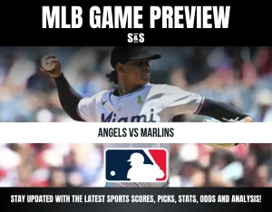 MLB game preview featuring Miami Marlins pitcher, text highlighting Angels vs Marlins matchup and MLB logo with sports updates message.