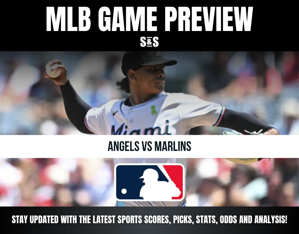 MLB game preview featuring Miami Marlins pitcher, text highlighting Angels vs Marlins matchup and MLB logo with sports updates message.