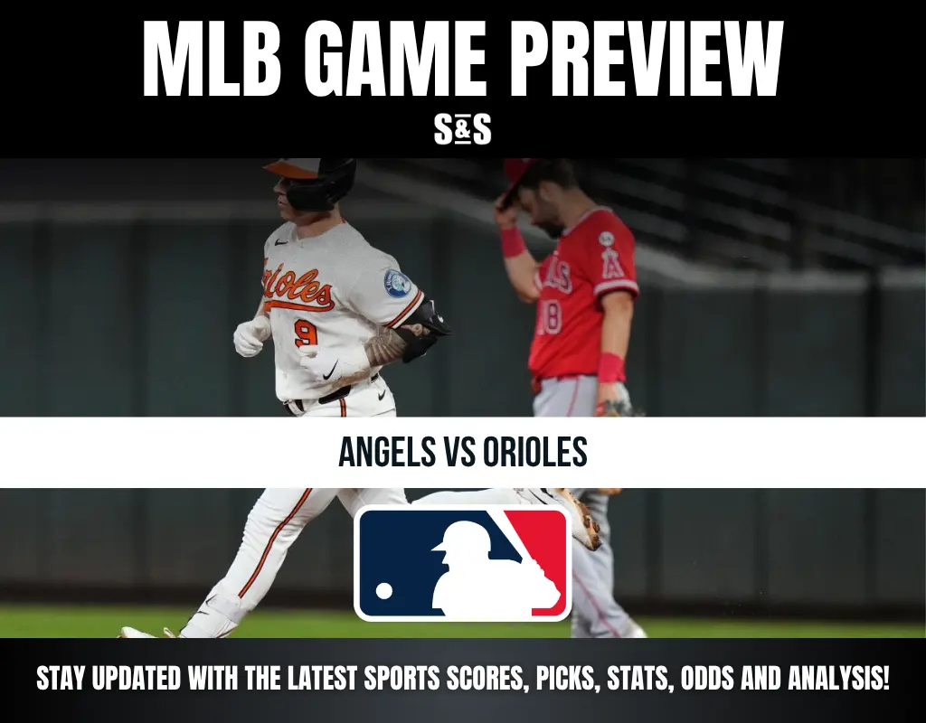 MLB game preview featuring Angels vs Orioles with players in action and MLB logo, plus a banner for sports scores, picks, stats, odds, and analysis.