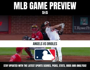 MLB game preview showing Angels vs Orioles with a batter swinging, catcher ready, and pitcher watching the play.