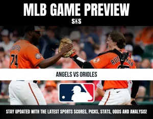 Two Baltimore Orioles players in orange uniforms high-fiving during an Angels vs Orioles MLB game preview.