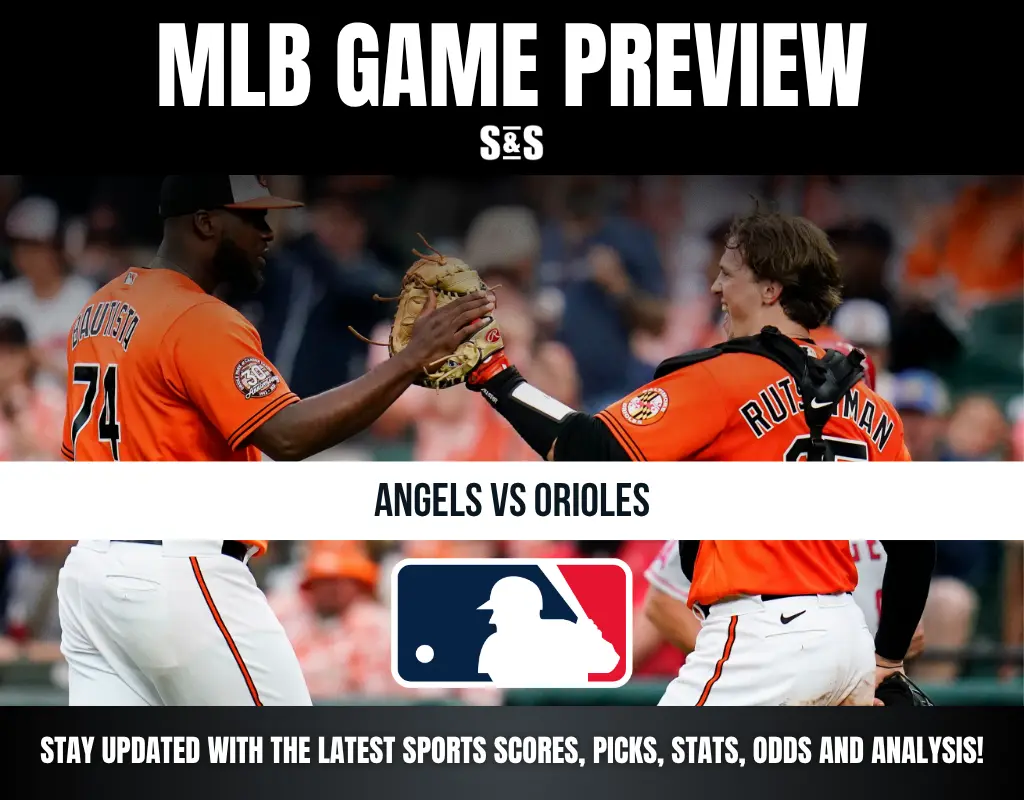 Two Baltimore Orioles players in orange uniforms high-fiving during an Angels vs Orioles MLB game preview.