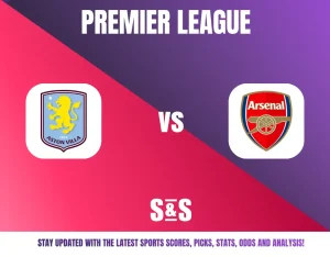 Premier League match announcement featuring Aston Villa vs Arsenal logos on a red and purple split background.