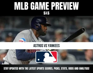 MLB game preview featuring Astros vs Yankees with a focused batter at the plate and MLB logo.