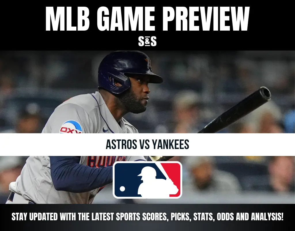 MLB game preview featuring Astros vs Yankees with a focused batter at the plate and MLB logo.