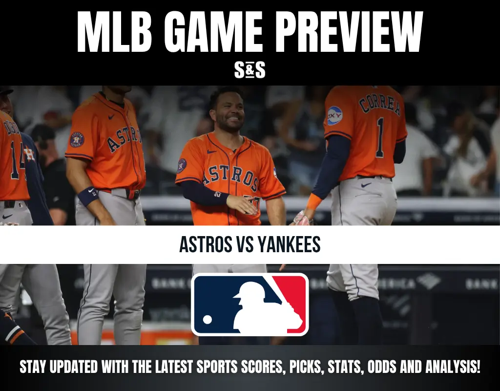MLB game preview featuring Houston Astros players celebrating, highlighting Astros vs Yankees matchup with MLB logo and sports updates.