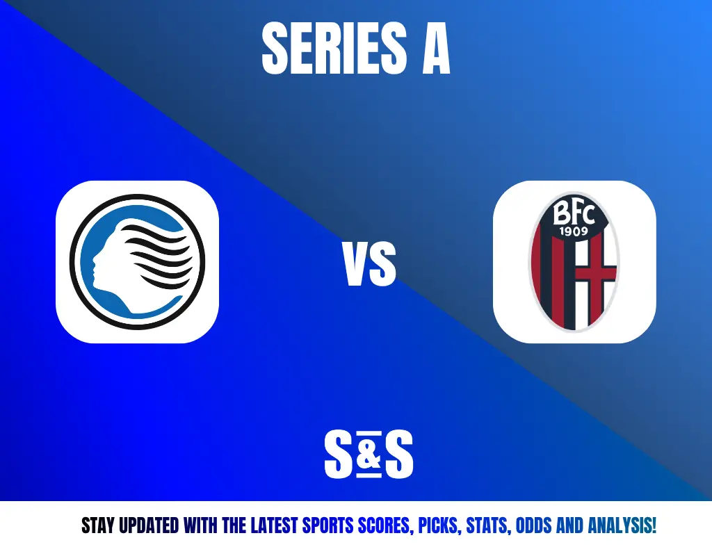 Serie A football match graphic featuring Atalanta vs Bologna logos on a blue gradient background with sports update text.