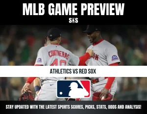 MLB game preview image showing Boston Red Sox players celebrating, featuring Athletics vs Red Sox matchup and MLB logo.