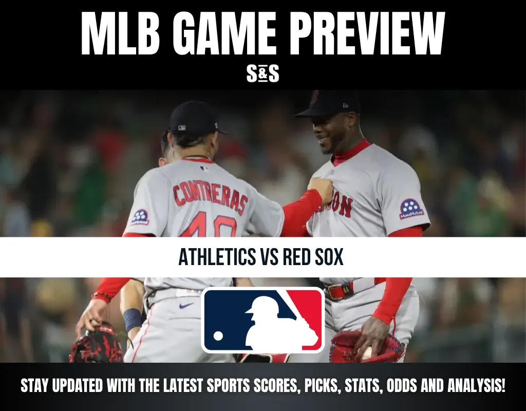 MLB game preview image showing Boston Red Sox players celebrating, featuring Athletics vs Red Sox matchup and MLB logo.