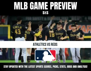 MLB game preview showing Pittsburgh Pirates players high-fiving, featuring Athletics vs Reds with MLB logo and sports update info.