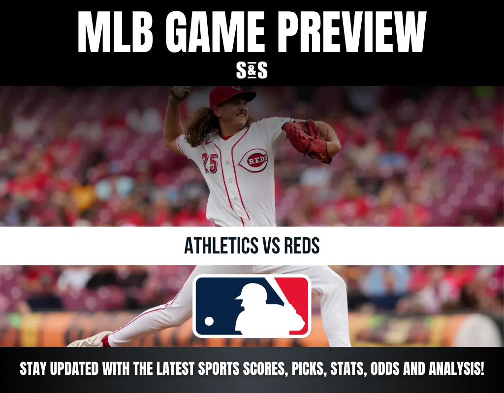 MLB game preview for Athletics vs Reds featuring a Reds pitcher mid-throw, with updates on scores, picks, stats, odds, and analysis.