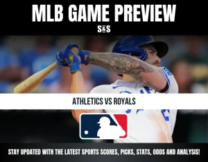 MLB Game Preview featuring Athletics vs Royals, with a player swinging a bat and the MLB logo displayed.