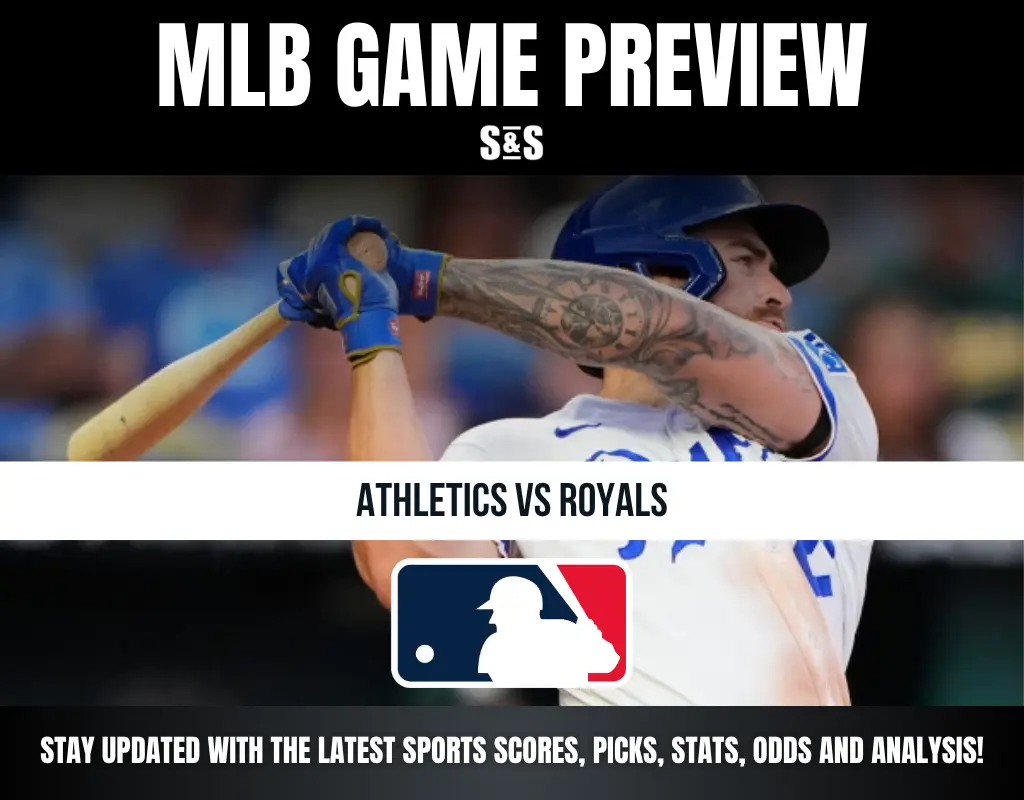 MLB Game Preview featuring Athletics vs Royals, with a player swinging a bat and the MLB logo displayed.