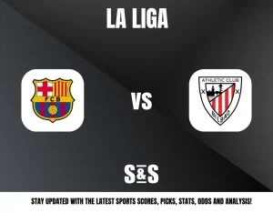 La Liga match announcement showing FC Barcelona logo vs Athletic Club Bilbao logo on a dark gradient background with sports updates text.