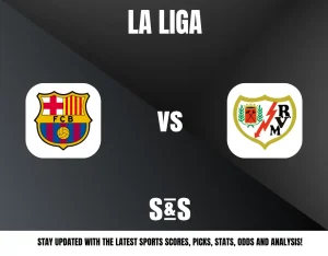 La Liga match announcement featuring FC Barcelona vs Rayo Vallecano logos on a dark background with sports updates text.