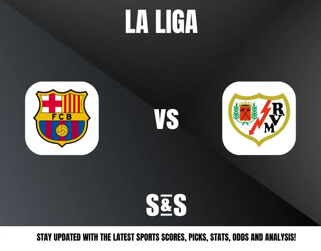 La Liga match announcement featuring FC Barcelona vs Rayo Vallecano logos on a dark background with sports updates text.