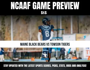 Football player in a Maine Black Bears uniform stands on the field during an NCAAF game preview for Maine vs Towson Tigers.