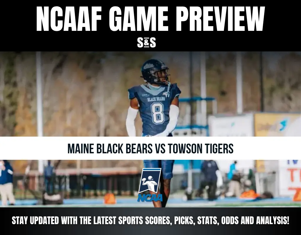 Football player in a Maine Black Bears uniform stands on the field during an NCAAF game preview for Maine vs Towson Tigers.