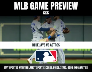 MLB game preview for Blue Jays vs Astros with players celebrating and MLB logo, plus a sports update reminder.