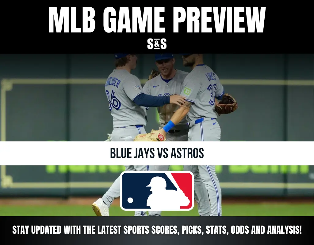 MLB game preview for Blue Jays vs Astros with players celebrating and MLB logo, plus a sports update reminder.