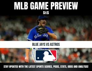 Alt text: MLB game preview for Blue Jays vs Astros featuring a Blue Jays pitcher in action, with MLB logo and sports updates banner.