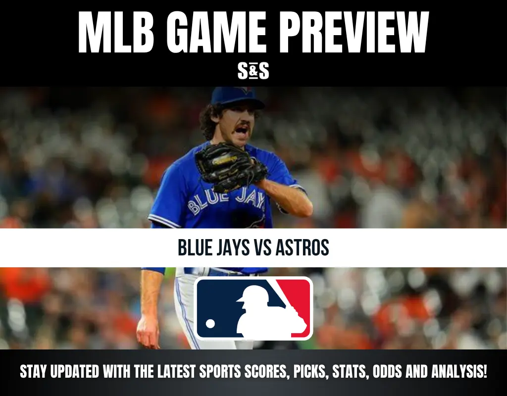 Alt text: MLB game preview for Blue Jays vs Astros featuring a Blue Jays pitcher in action, with MLB logo and sports updates banner.