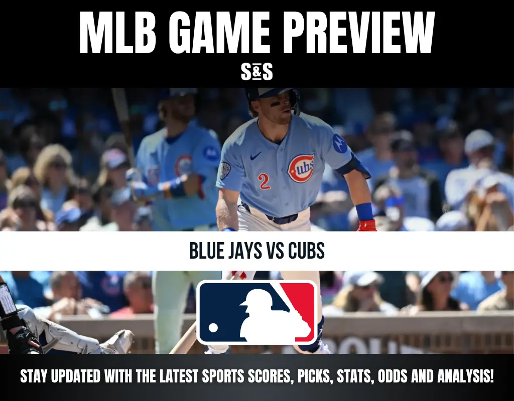 MLB game preview for Blue Jays vs Cubs with a player at bat and crowd in the background, promoting scores, picks, and analysis.